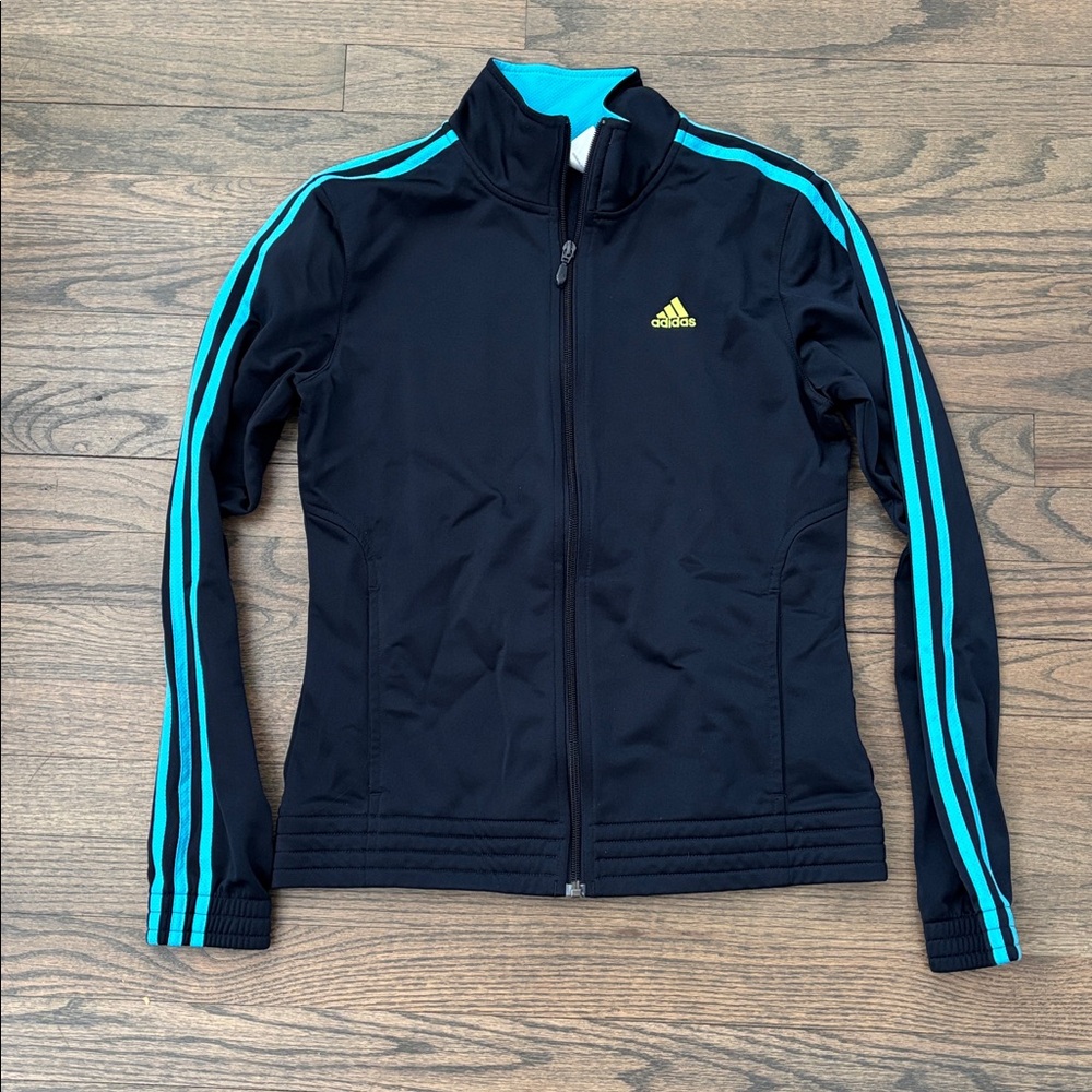 Adidas Black Jacket with Teal and Neon Yellow Accents